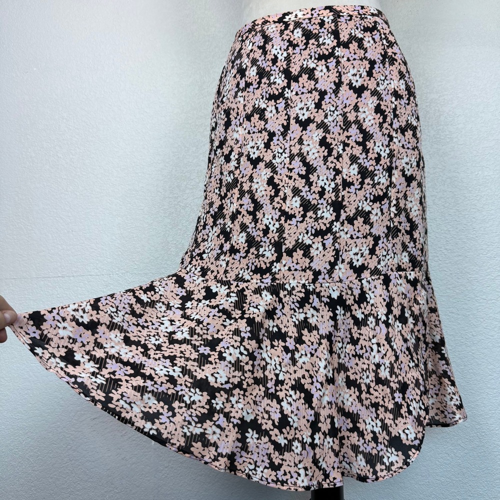 Alfani 100% Silk Floral Ruffle Flutter Hem Midi Skirt Black Pink White Lavender